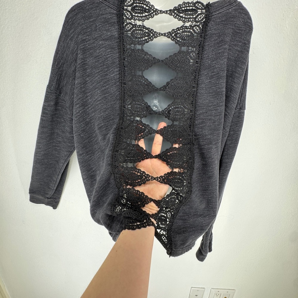 Hollister Women Gray Lace Open Back Sweatshirt Oversized Slouchy Top Medium - Picture 5 of 8